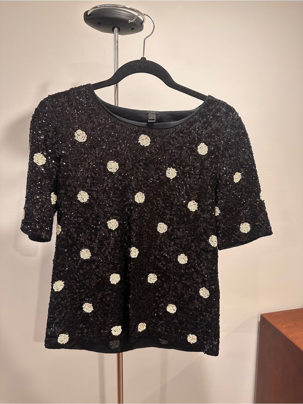 J Crew Black Sequin Polka Dot Short Sleeve Top